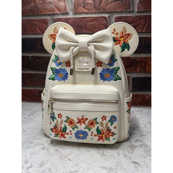 Loungefly Handbags - Loungefly Disney Minnie Mouse Embroidered Floral Bow Mini Backpack Beige NEW